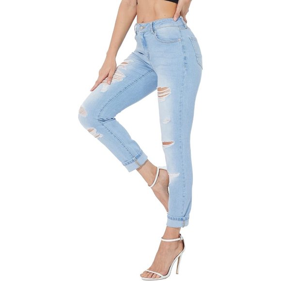 Women's High Waisted Skinny Jeans  Boyfriend Distressed with Hole - Picture 3 of 7
